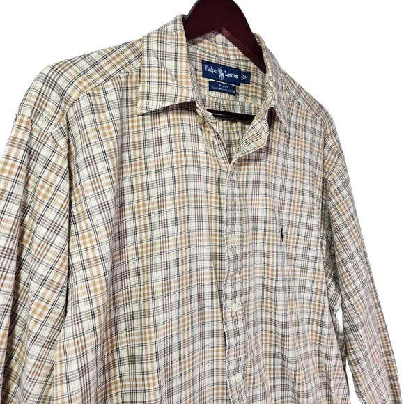 Ralph Lauren Blake Plaid Button Down Shirt Mens Medium Brown Tan Cotton Classic - Picture 8 of 14